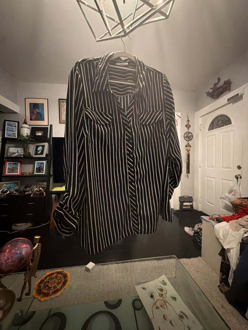 Notations Woman Black and White Striped Long Sleeve Button-Up Blouse with Roll T